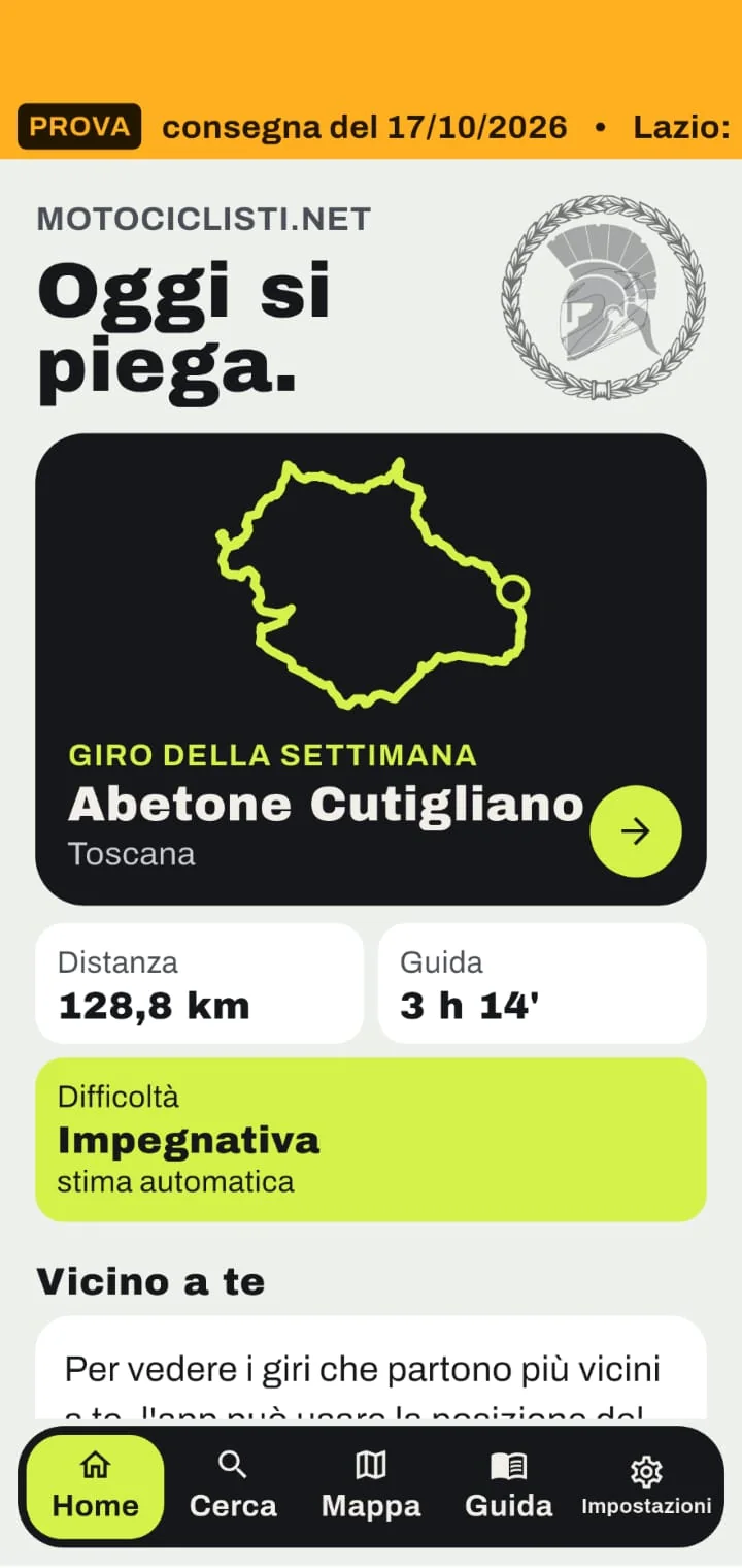 La Home dell'app Giri in Moto: il giro della settimana, Abetone Cutigliano, 128,8 km, 3 h 14 di guida