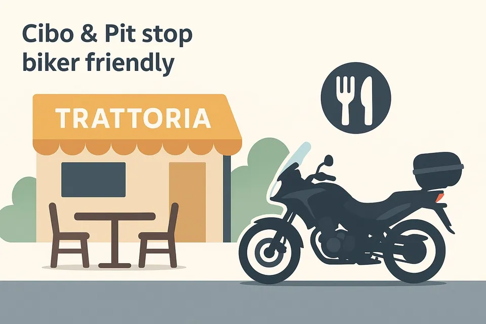 Illustrazione: una trattoria con tavolino e una moto da turismo parcheggiata, titolo «Cibo & Pit stop biker friendly»