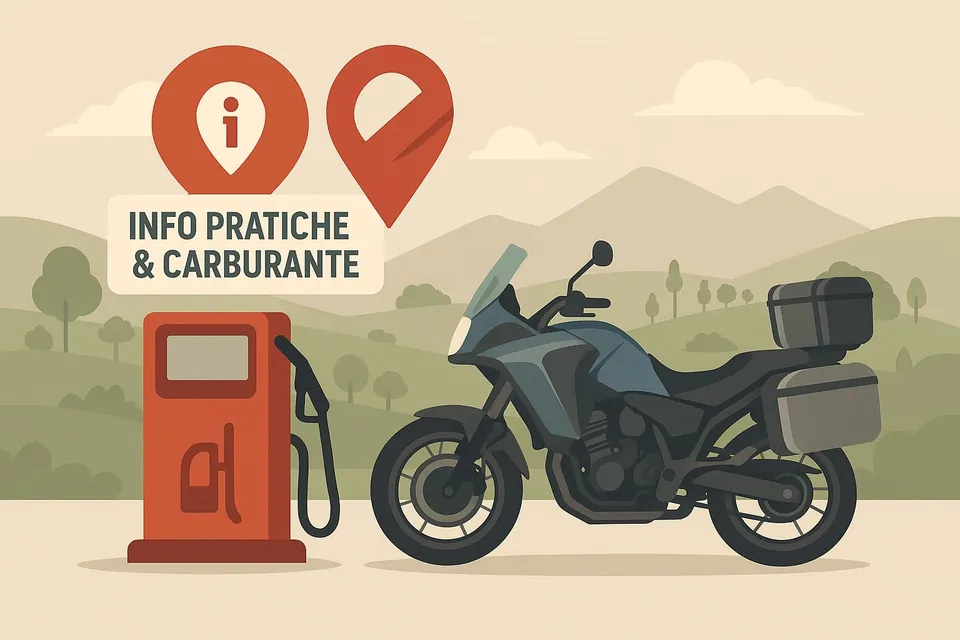 Illustrazione: pompa di benzina rossa e moto da turismo tra le colline, titolo «Info pratiche & carburante»