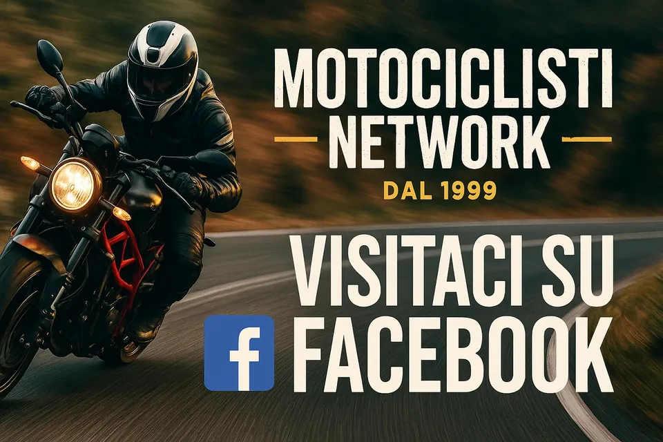 Banner con un motociclista in curva e la scritta «Motociclisti Network dal 1999 – Visitaci su Facebook»
